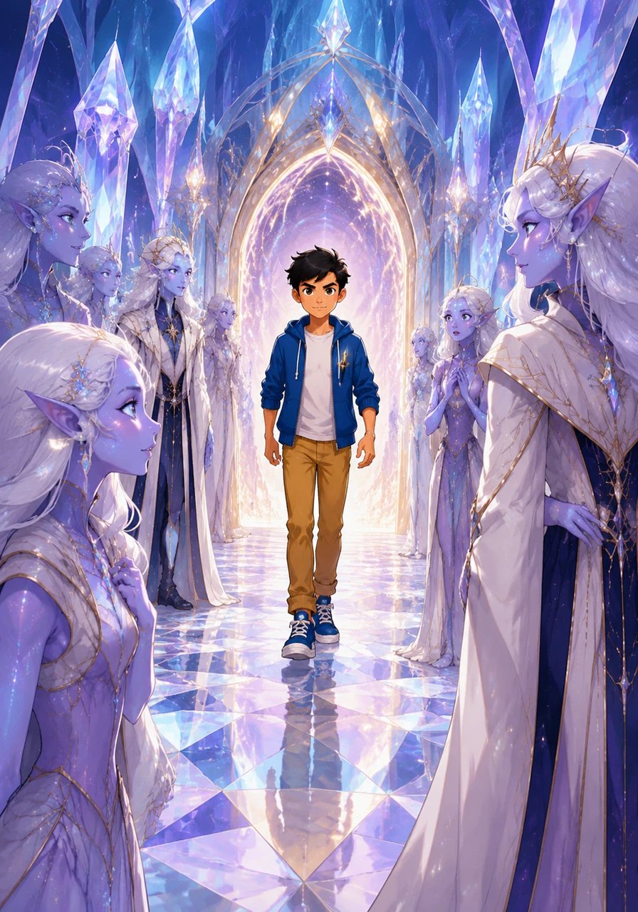 Driven by curiosity and a sudden burst of courage, Ary steps through the portal and finds himself standing on a crystalline walkway in the heart of his own creation. The inhabitants of this world, elegant beings with skin like starlight, turn to look at him in collective awe.