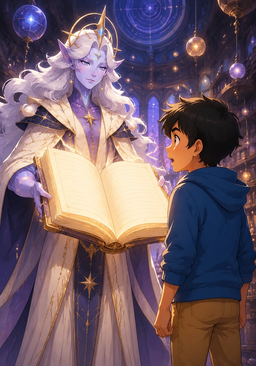 A grand archivist of the parallel world approaches Ary, holding a massive tome that mirrors Ary's own manuscript word for word. The archivist explains that Ary is not just a storyteller, but the designated cosmic architect whose imagination sustains their entire reality.