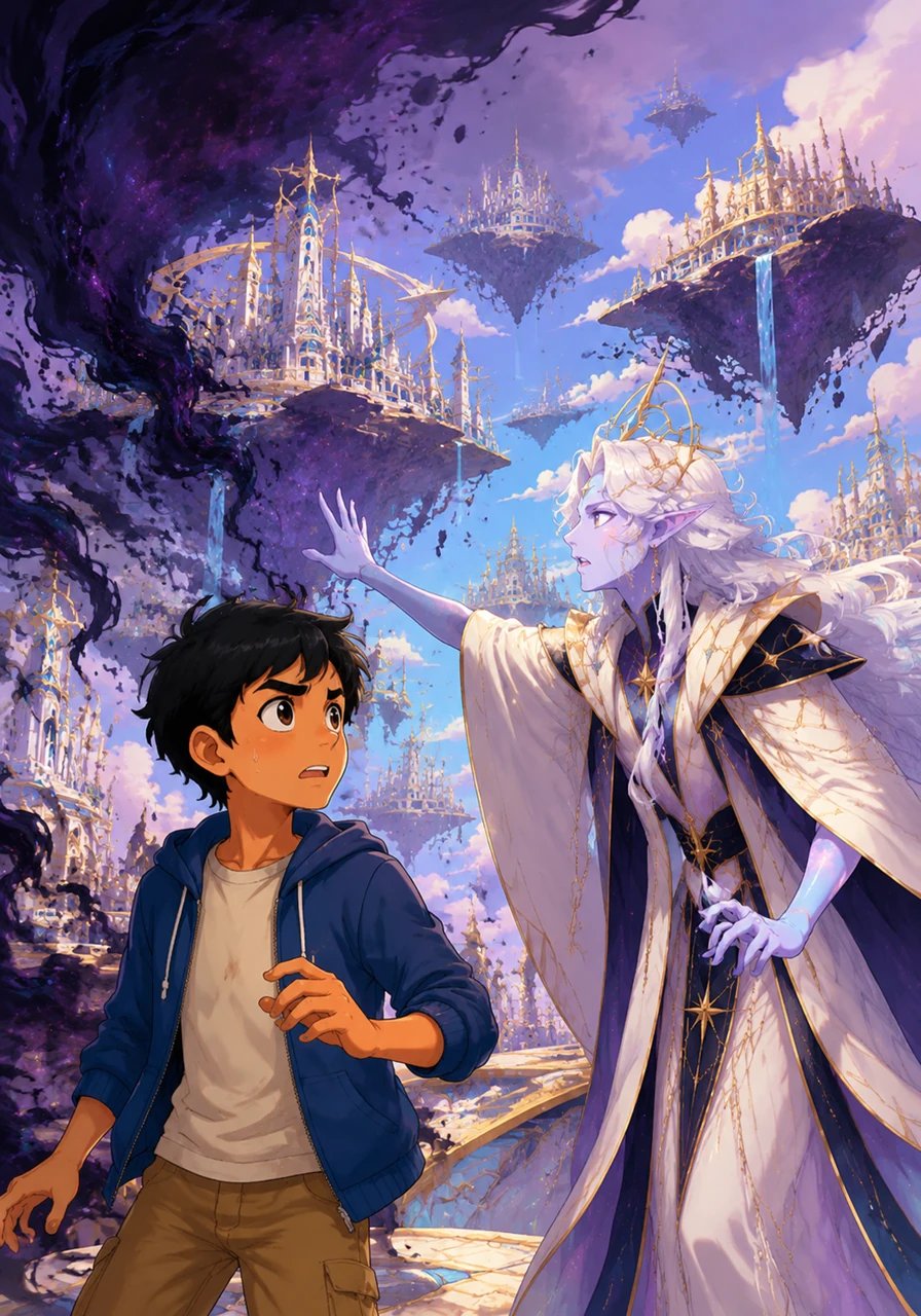 Suddenly, dark ripples pass through the beautiful sky as a shadowy void begins to consume the edges of the floating city. The archivist reveals that a sudden wave of self-doubt in Ary's mind has manifested as a destructive force, threatening to erase this universe forever.