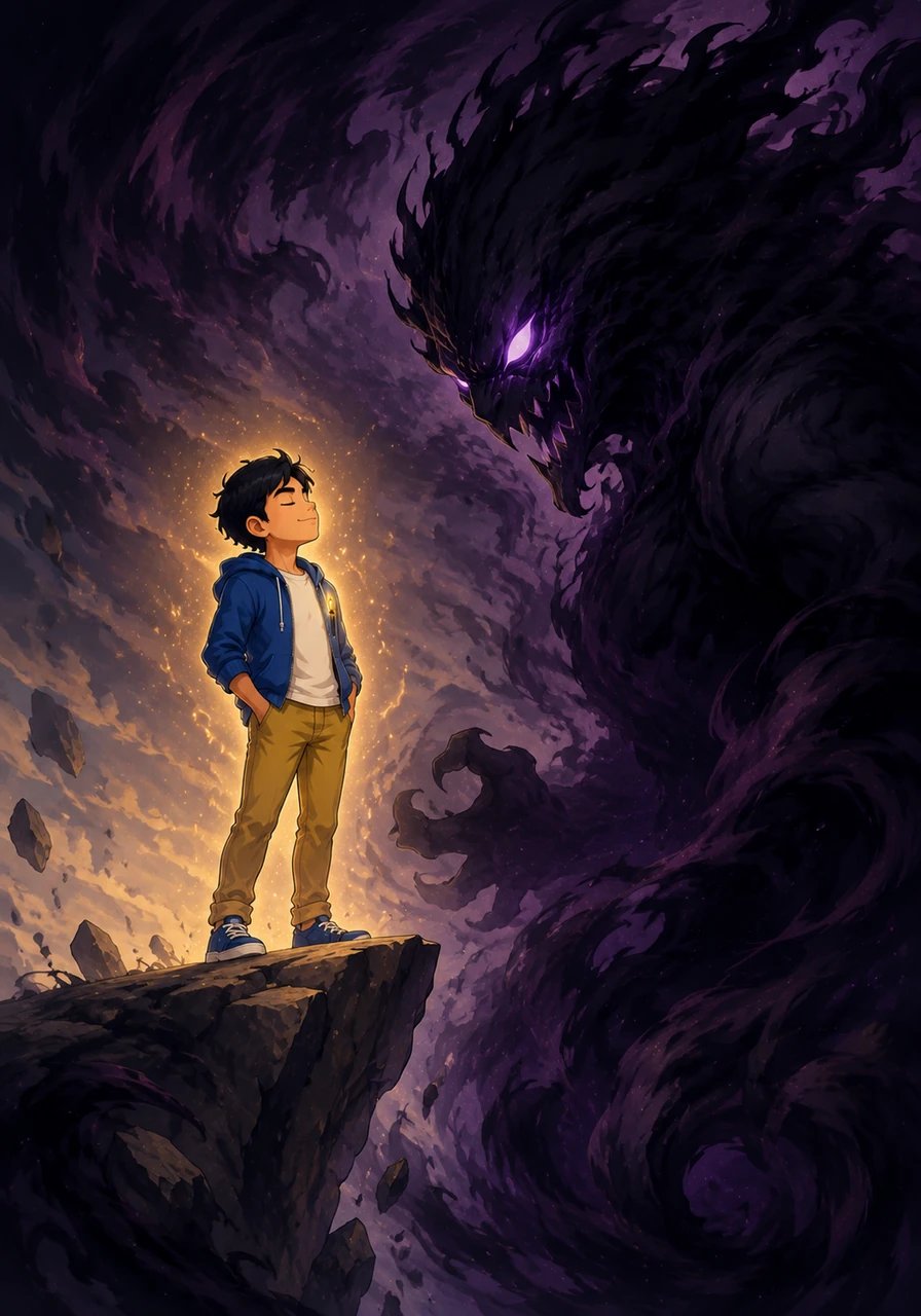 To save the world he loves, Ary must confront the shadowy monster born from his own insecurities. Standing on a precipice as the void closes in, he closes his eyes and forces himself to remember the pure joy and confidence that first sparked his writing.