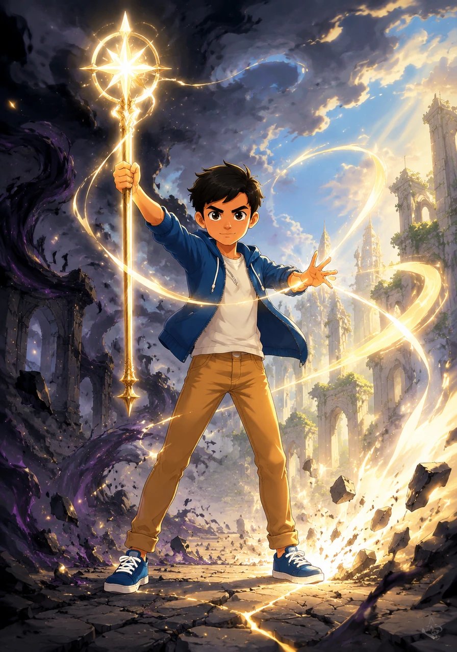 With renewed conviction, Ary pulls a glowing fountain pen from his pocket, which transforms into a brilliant staff of pure light. He commands the environment to reshape, weaving new lines of description in his mind to mend the broken landscape and banish the darkness.