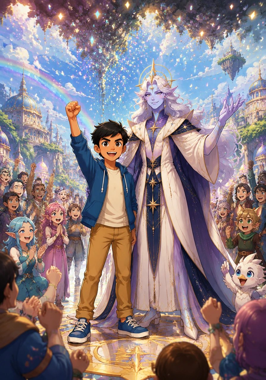 The shadow dissipates into a shower of harmless, glittering sparks, and the parallel world bursts back into a dazzling display of color and harmony. The citizens cheer, celebrating their creator who stands among them, no longer just a quiet boy from the suburbs, but a hero of two realms.