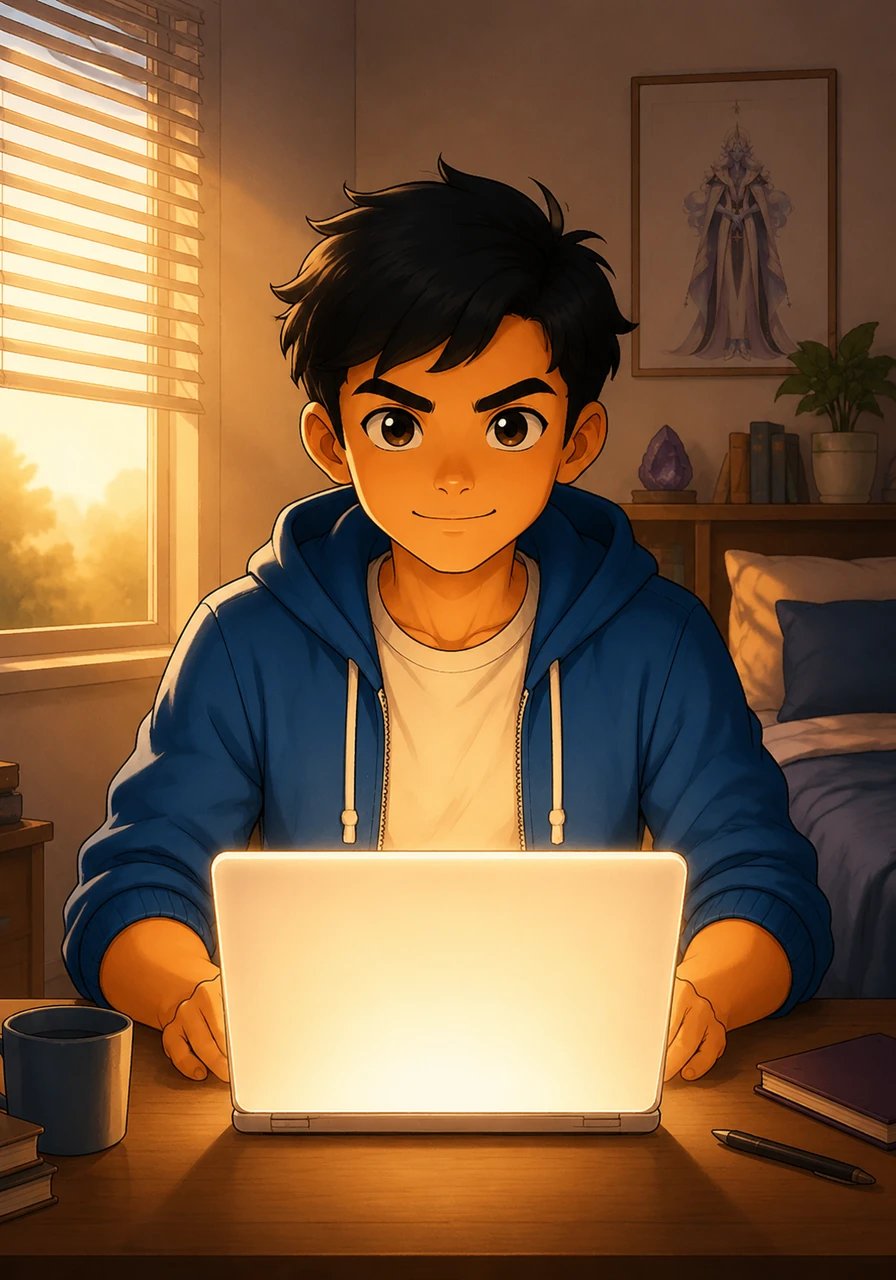 Back in his bedroom, Ary sits at his desk just as the first morning light filters through the blinds, feeling a profound sense of peace. He smiles, opens a fresh page on his screen, and begins to write a new chapter, knowing that his words have the power to shape the cosmos.