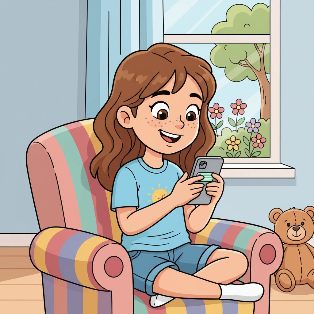 Sofia, curiosa e cativada, respondeu à mensagem de Ricardo. A partir desse momento, as mensagens tornaram-se diárias, construindo uma amizade virtual. A ilustração mostra Sofia, com um sorriso, lendo as mensagens de Ricardo em seu telefone.