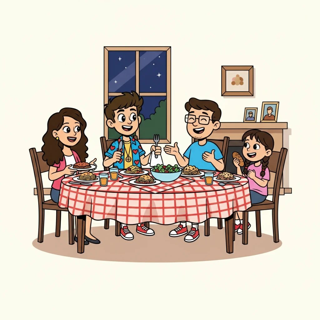 Sofia, orgulhosa, apresentou Ricardo à sua família. O jantar, cheio de risos e partilha, marcou o início de uma nova fase. A ilustração mostra a família reunida à mesa, com Ricardo sentindo-se acolhido.