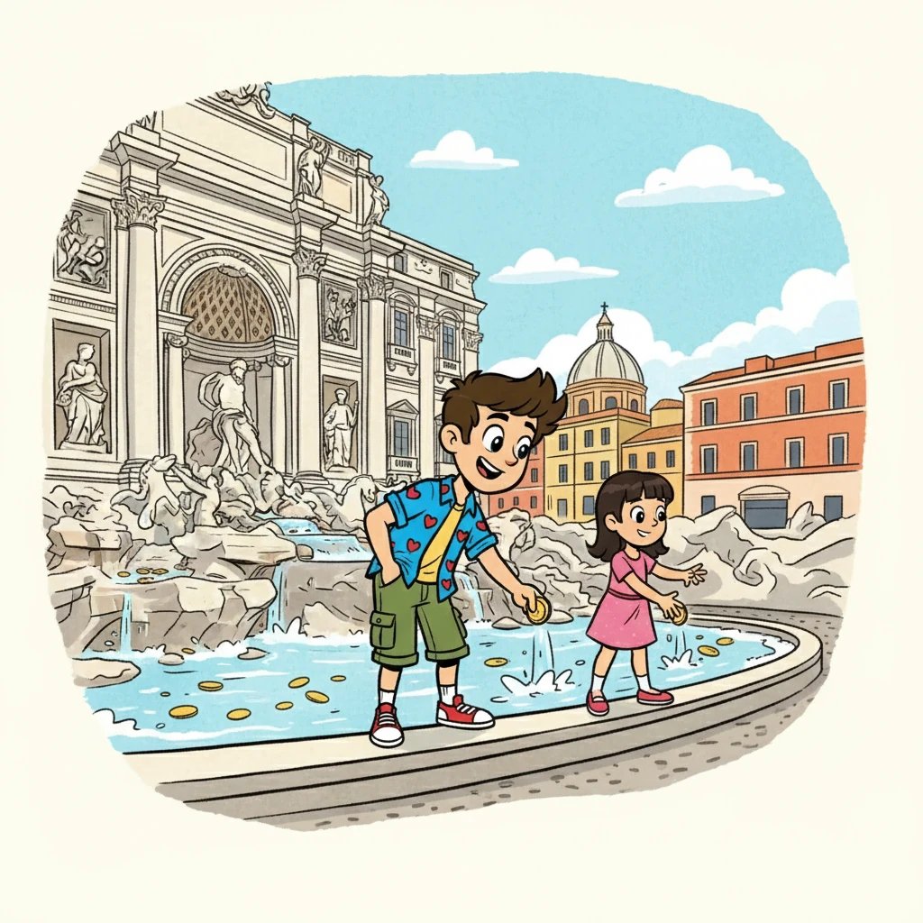 Em Roma, eles jogaram moedas na Fontana di Trevi, fazendo um pedido especial. A promessa de um futuro juntos pairava no ar. A ilustração retrata o casal jogando moedas na fonte, com um vislumbre da cidade ao fundo.