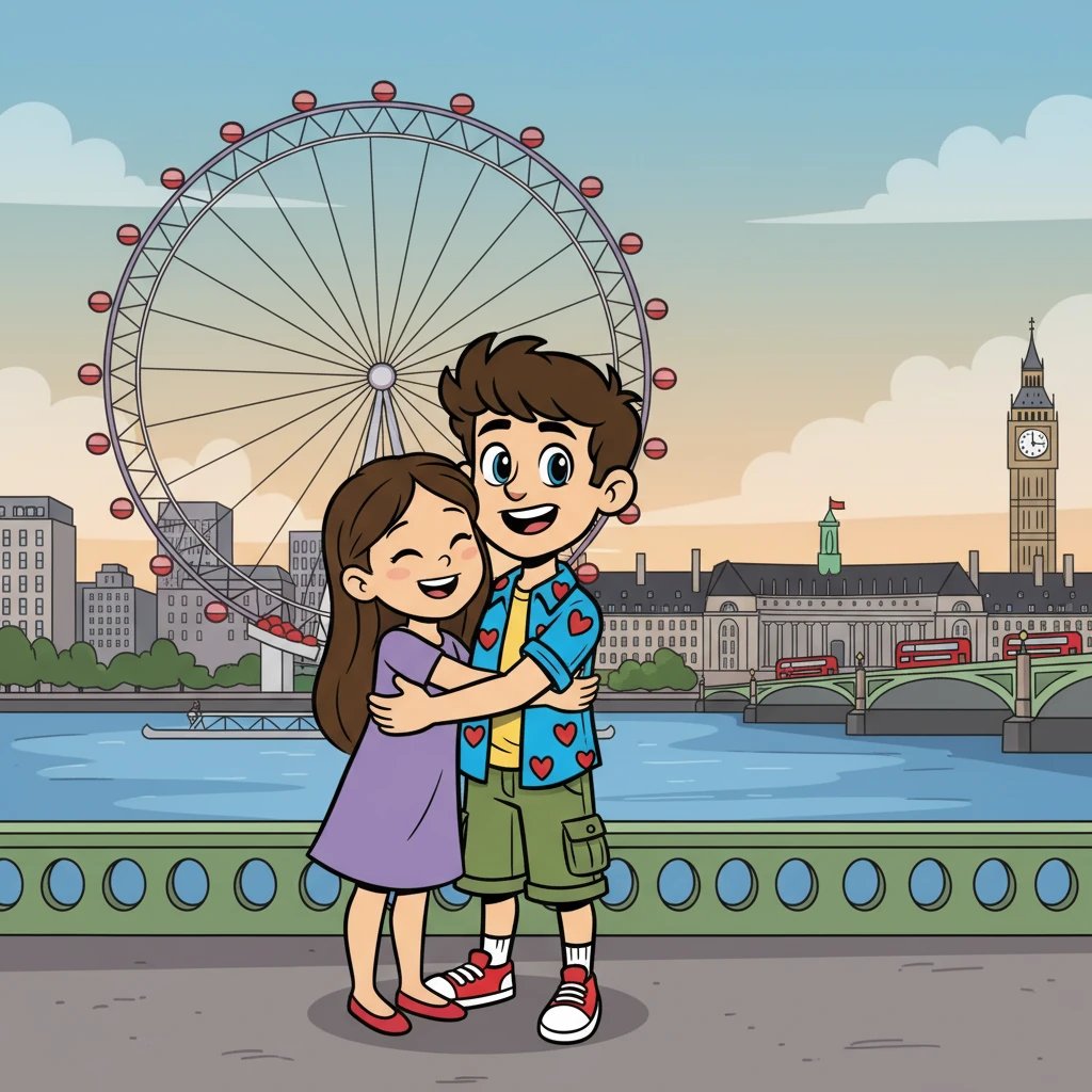 Em Londres, passearam pelas margens do rio Tâmisa, apreciando a beleza da cidade. O amor deles fortalecia-se a cada dia. A imagem mostra Ricardo e Sofia, abraçados, com a London Eye ao fundo.