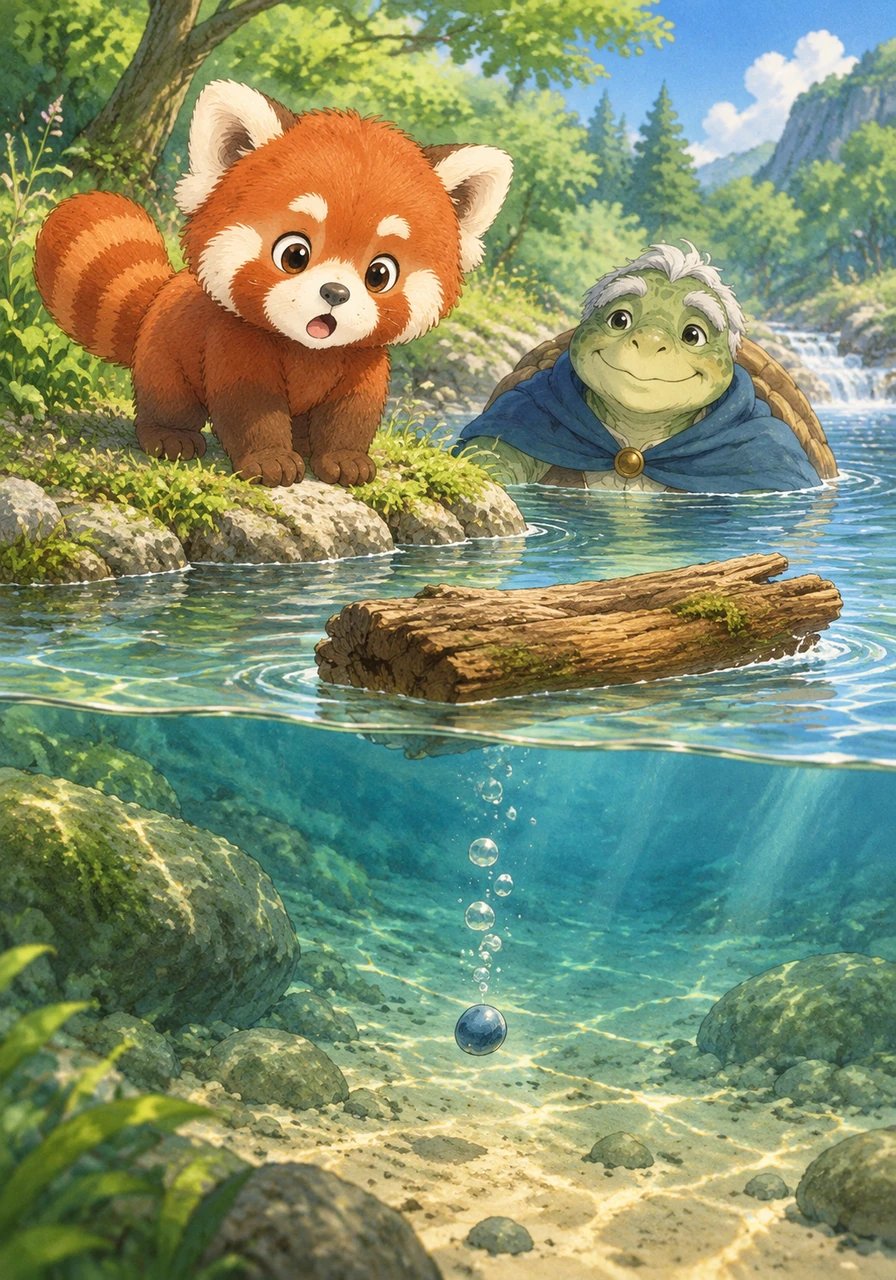Down by the shimmering banks of Bubbling Creek, a curious little red panda named Pip loved to play with his favorite treasures. Today, Pip noticed something surprising while playing by the water. A big wooden log floated effortlessly on the river's surface, but a tiny shiny pebble sank straight down to the sandy bottom.