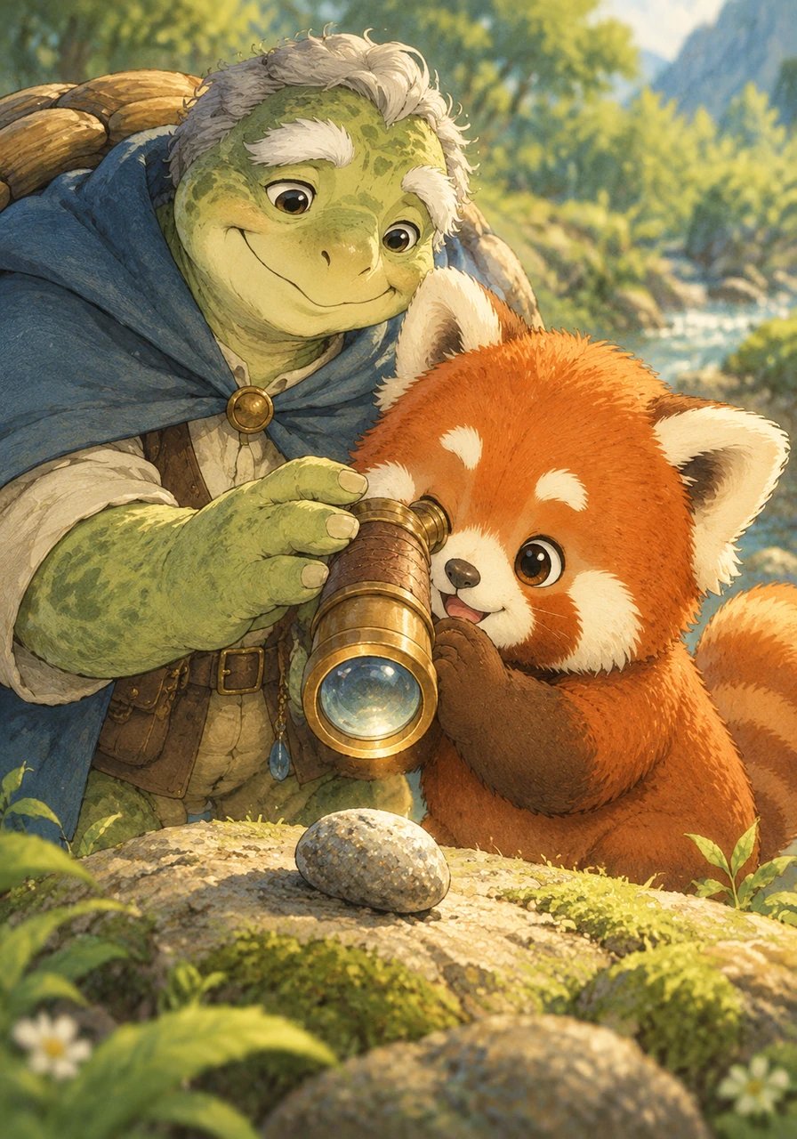 Barnaby pointed his spyglass toward Penny the Pebble so Pip could peek inside. Inside the pebble, millions of tiny invisible helper dots were holding hands super tightly, packed closely together with no space between them. Because these dots were so tightly squeezed, the pebble was heavy for its size and sank right down.