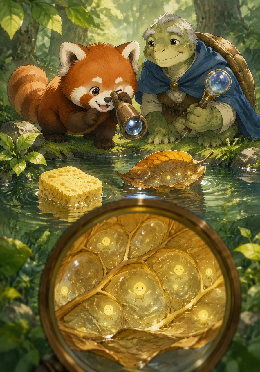 Next, Pip looked through the spyglass at a fluffy yellow sponge and a dry leaf floating nearby. Inside the leaf, the little helper dots were dancing far apart, leaving plenty of cozy pockets filled with light air. Because its dots were spread out, the leaf was light and less dense than the water, allowing it to float.