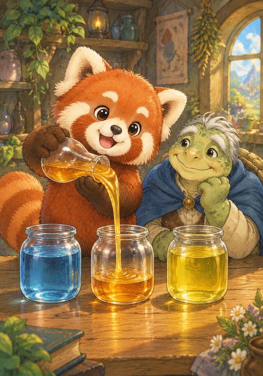 Excited to test his new discovery, Pip gathered three clear jars to make a magical liquid tower. With Barnaby watching, Pip slowly poured thick golden honey into the first jar, clear blue water into the second, and bright yellow oil into the third.