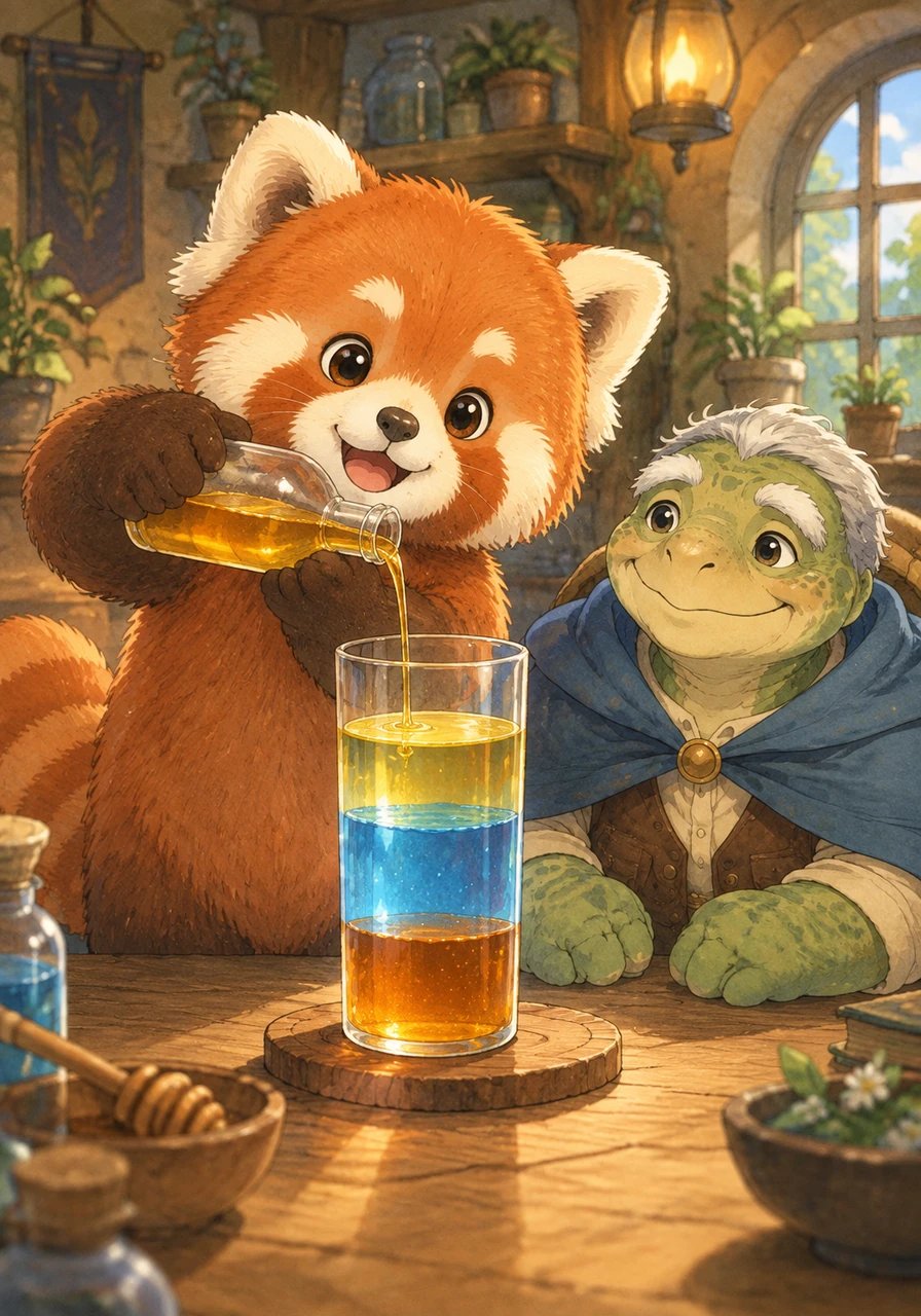 When Pip carefully poured all three liquids into one tall glass, something extraordinary happened. The honey settled right at the bottom because its dots were packed tightest of all. The blue water rested gently in the middle, while the golden oil floated happily on top because it was the least dense.