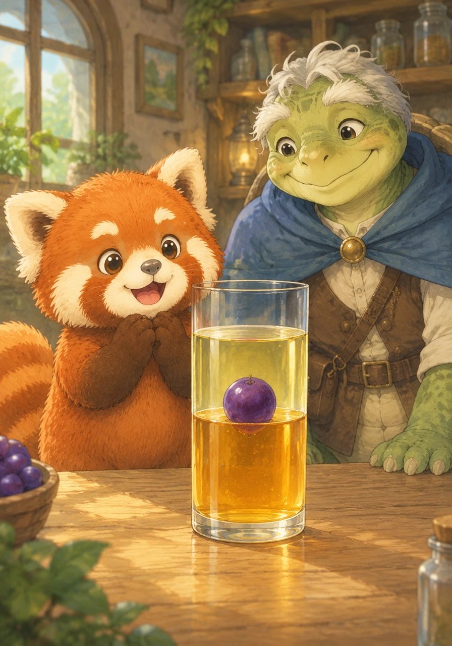 Pip dropped a plump purple grape into the tall glass to see where it would land. The grape sank through the oil and floated right on top of the heavy honey layer, hovering safely in the middle. Pip giggled and clapped his soft paws, delighted to see density in action.