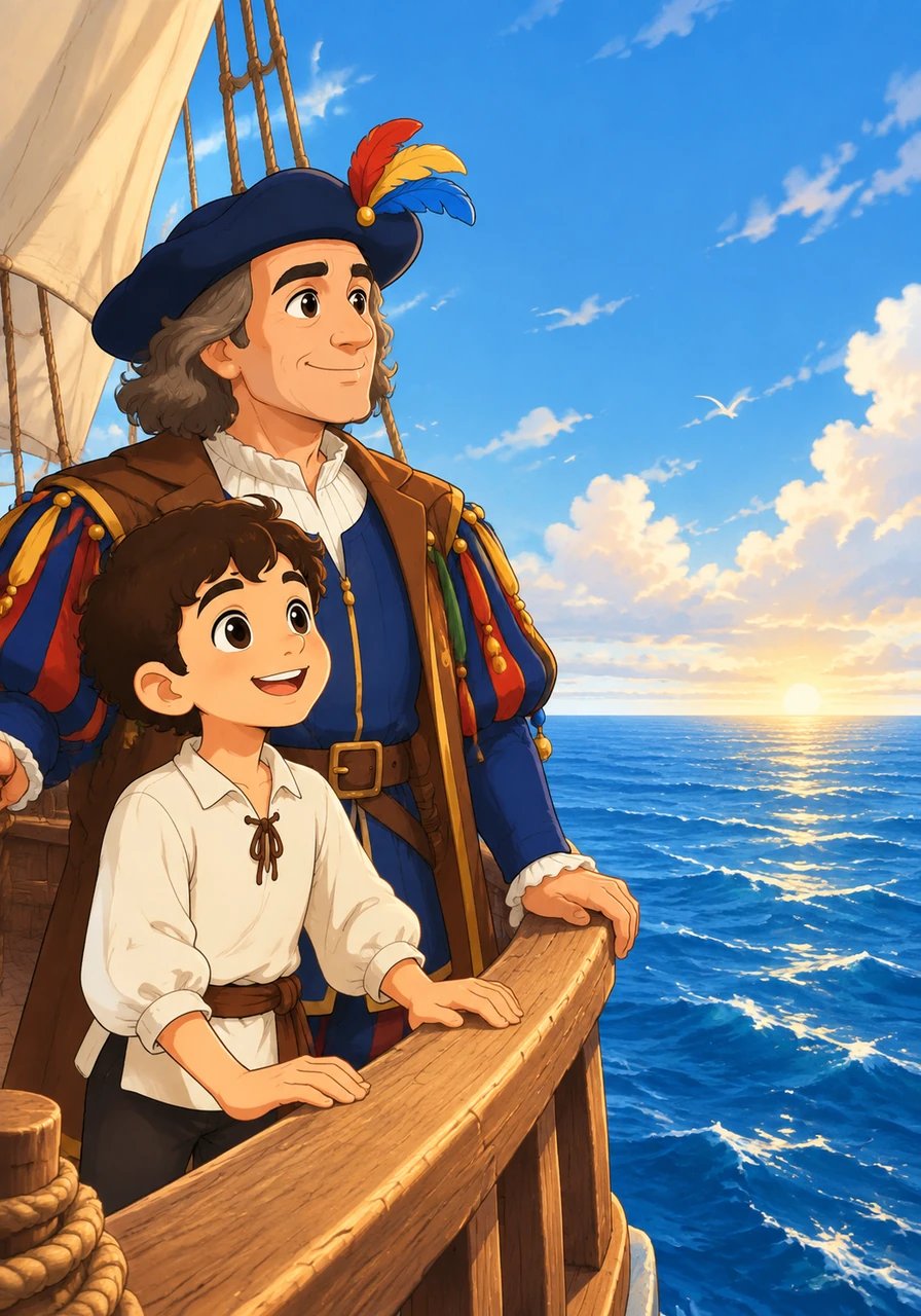 Mateo siempre contemplaba el inmenso mar azul preguntándose qué secretos se ocultaban más allá del horizonte. Junto al marinero Cristóbal Colón, el joven grumete soñaba con descubrir una nueva ruta hacia tierras lejanas llenas de maravillas.