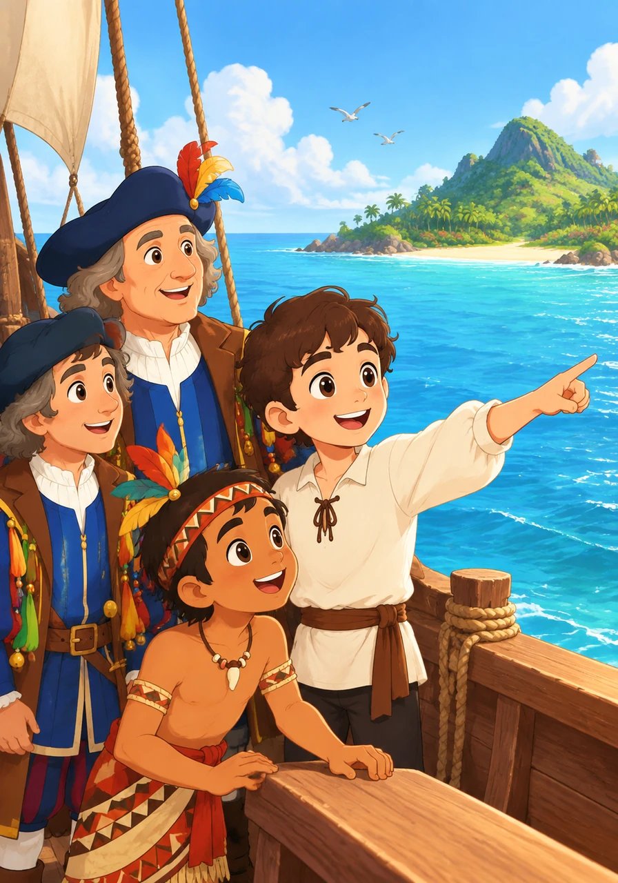 De repente, la voz del marinero Rodrigo de Triana resonó llena de júbilo gritando tierra a la vista. Ante sus ojos emergió una hermosa isla tropical cubierta de vegetación frondosa, flores coloridas y playas de arena dorada.
