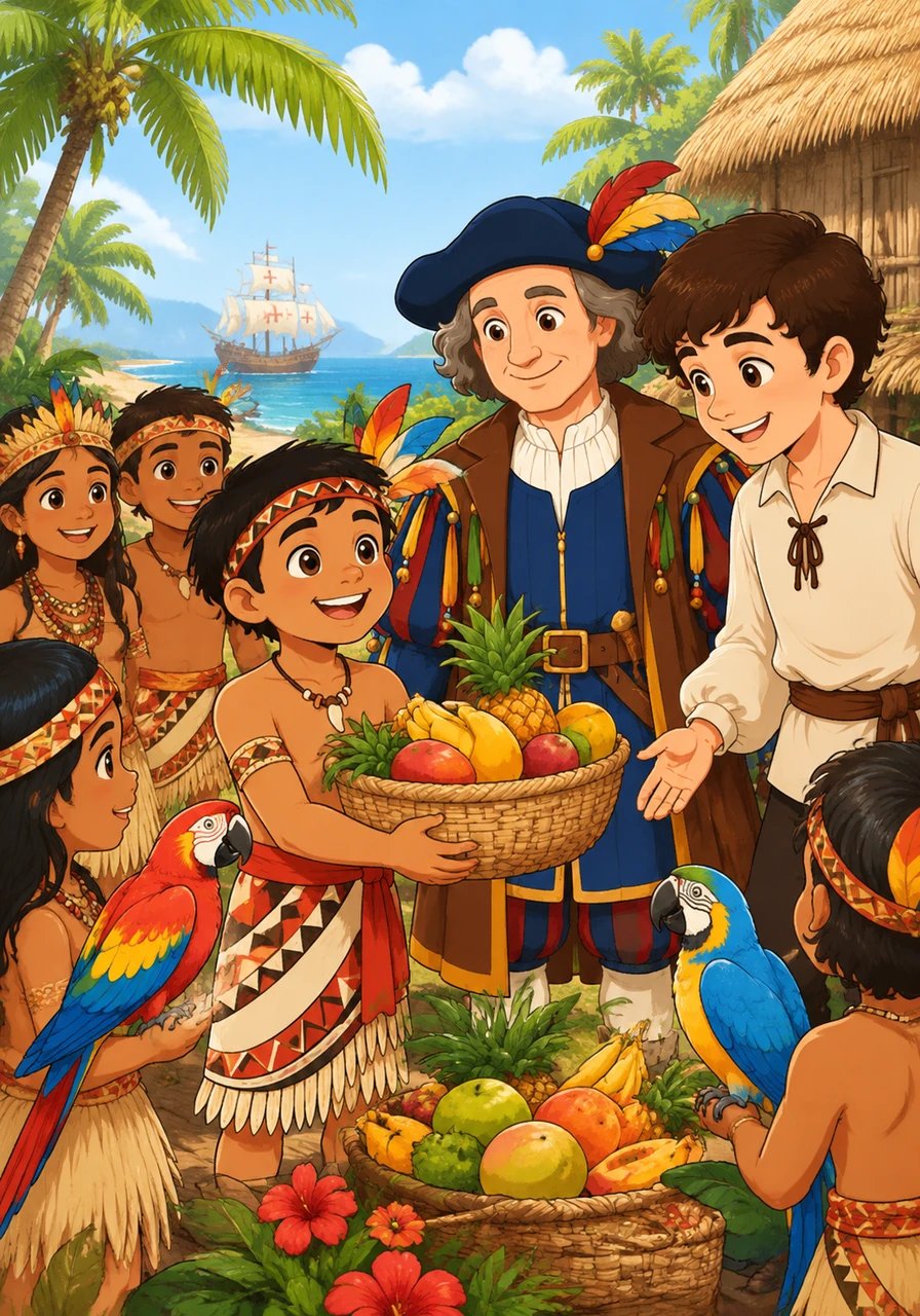 Yaro y su comunidad recibieron a los viajeros con los brazos abiertos, compartiendo deliciosas frutas frescas, papagayos de plumas brillantes y sonrisas cálidas. Aunque hablaban lenguas diferentes, la amabilidad se convirtió en el idioma universal de aquella tarde.