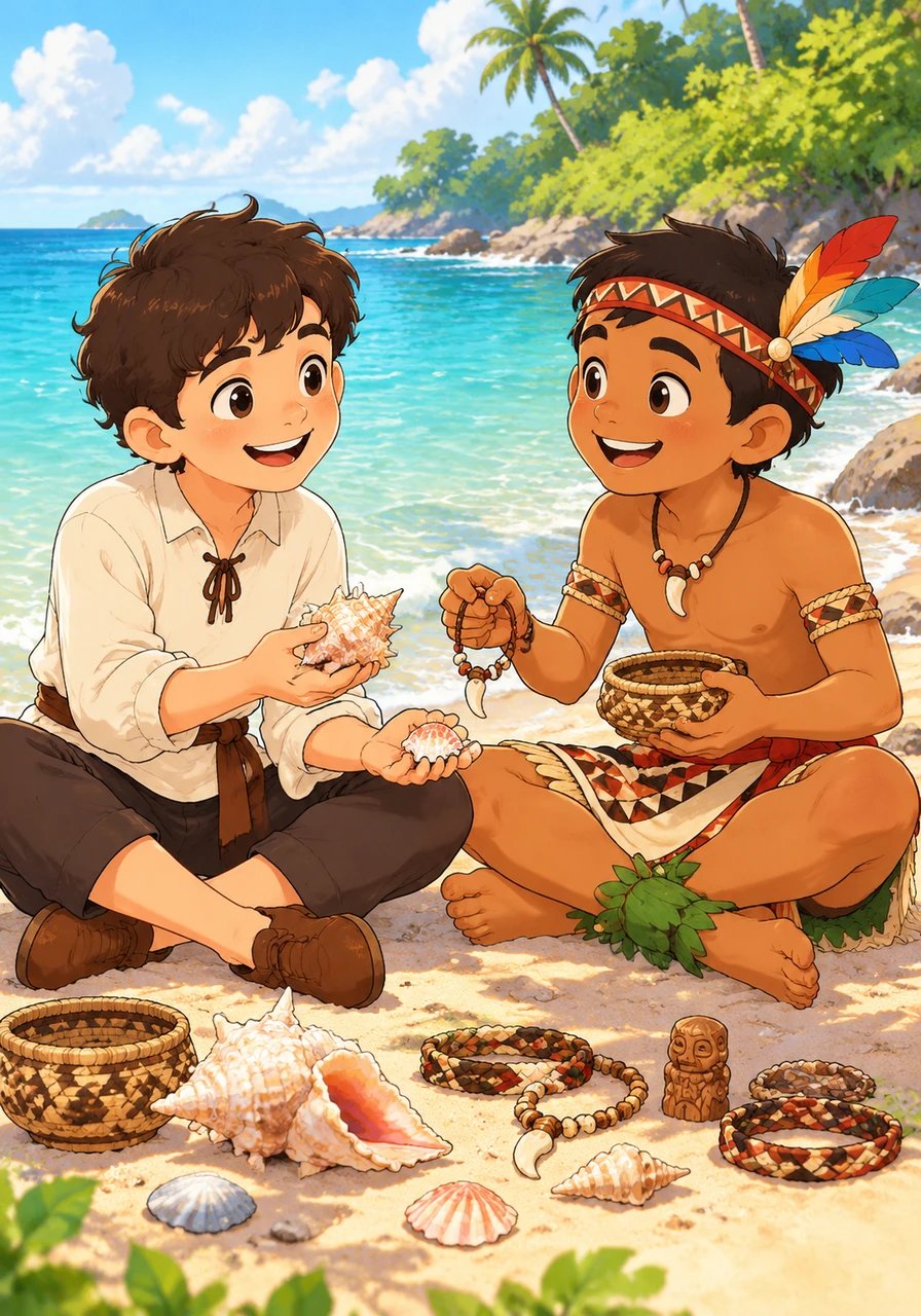 Mateo y Yaro jugaron cerca del agua intercambiando caracoles marinos y pequeñas manualidades mientras reían juntos. Ambos descubrieron que, a pesar de vestir y vivir de manera diferente, compartían el mismo espíritu alegre y explorador.