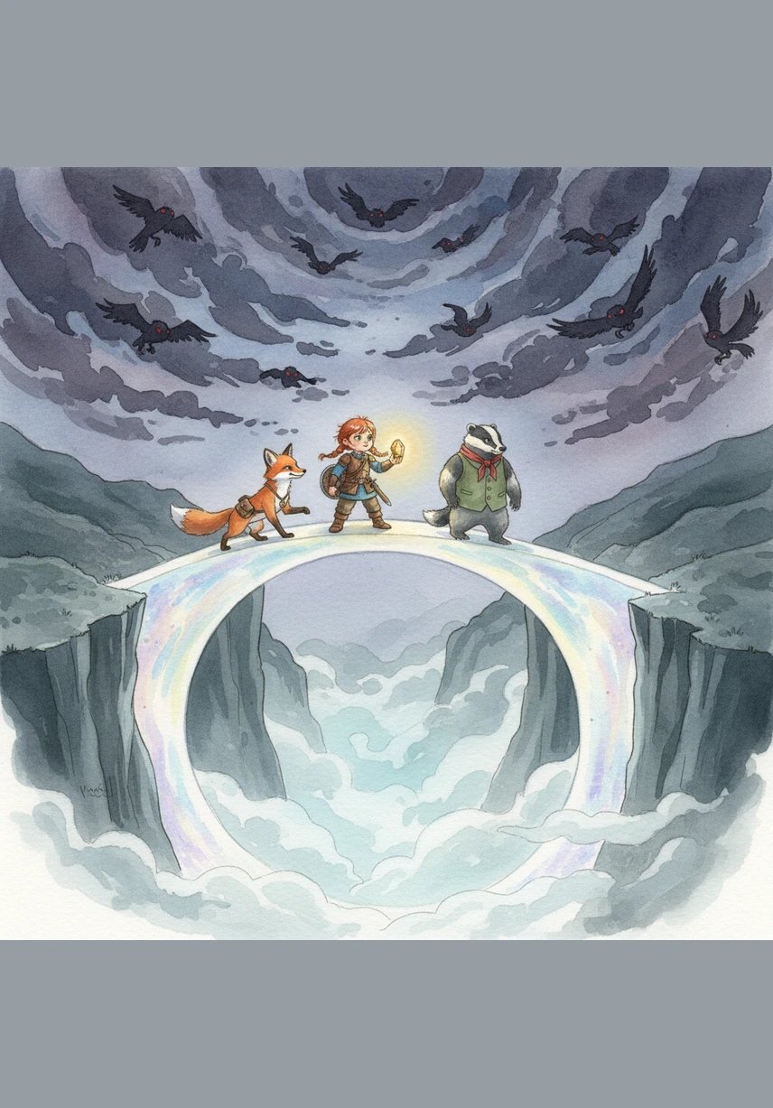 At the edge of the Roaring Chasm, they must cross a bridge woven from pure moonlight that only appears for the pure of heart. Shadow-birds circle overhead in the dark clouds, but the warmth of the Star-Stone keeps the shadows from closing in on the travelers.