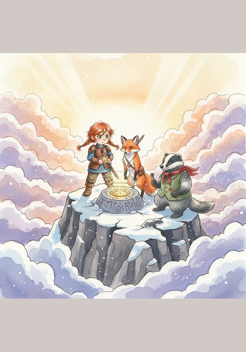 Elara reaches the ancient altar at the very top of the world and carefully places the Star-Stone into its stone cradle. A blinding flash of golden light erupts from the peak, shattering the dark clouds and sending a wave of warmth across the frozen land.