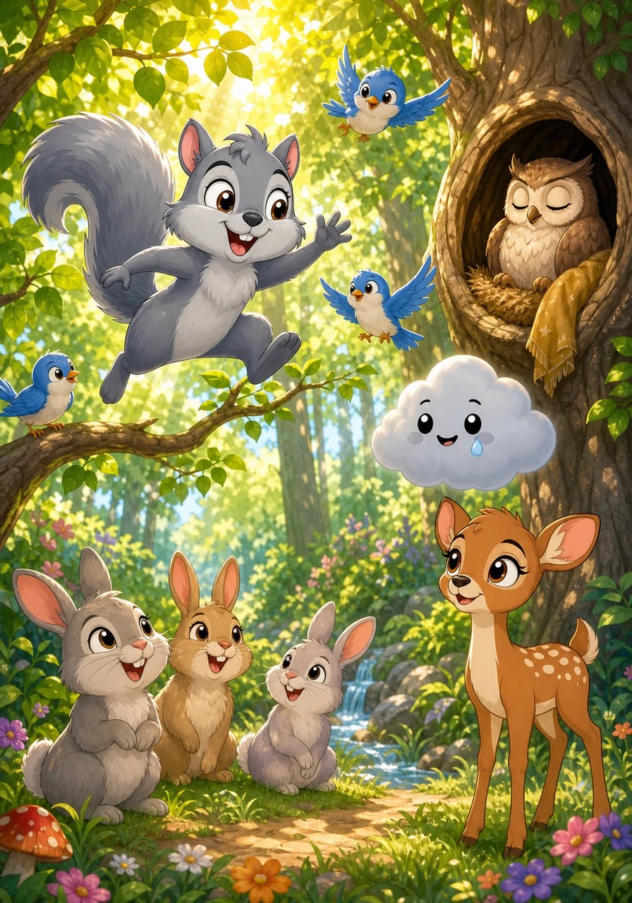 Every morning, just as the golden sun peeked over the treetops, Shadow the gray squirrel would race through the vibrant forest. He leaped cheerfully from branch to branch, calling out warm greetings to the bluebirds, friendly rabbits, and even the sleepy old owl getting ready for bed. The forest was always full of life, laughter, and bright morning sunshine.