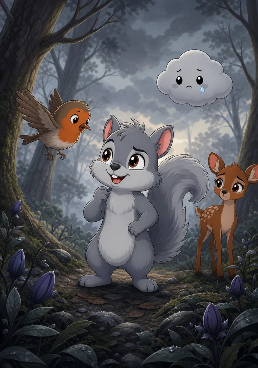 One morning, Shadow noticed something felt strangely wrong. The forest was completely quiet, the flowers remained tightly closed, and the birds were silent while a dim gloom hung in the air. A tiny robin fluttered down to tell Shadow she feared the sun had forgotten their woodland home. Shadow twitched his fluffy tail with determination and promised to find out where the morning light had gone.