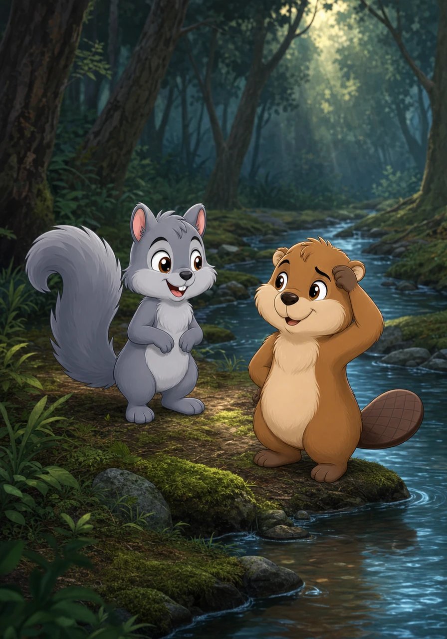 Shadow scampered off to investigate and soon ran into Benny Beaver near the stream. When Shadow asked if he had seen the sun, Benny scratched his head and mentioned seeing a very grumpy little cloud floating by before sunrise. Thanking his friend, Shadow hurried deeper into the dim woods to track down this mysterious visitor.