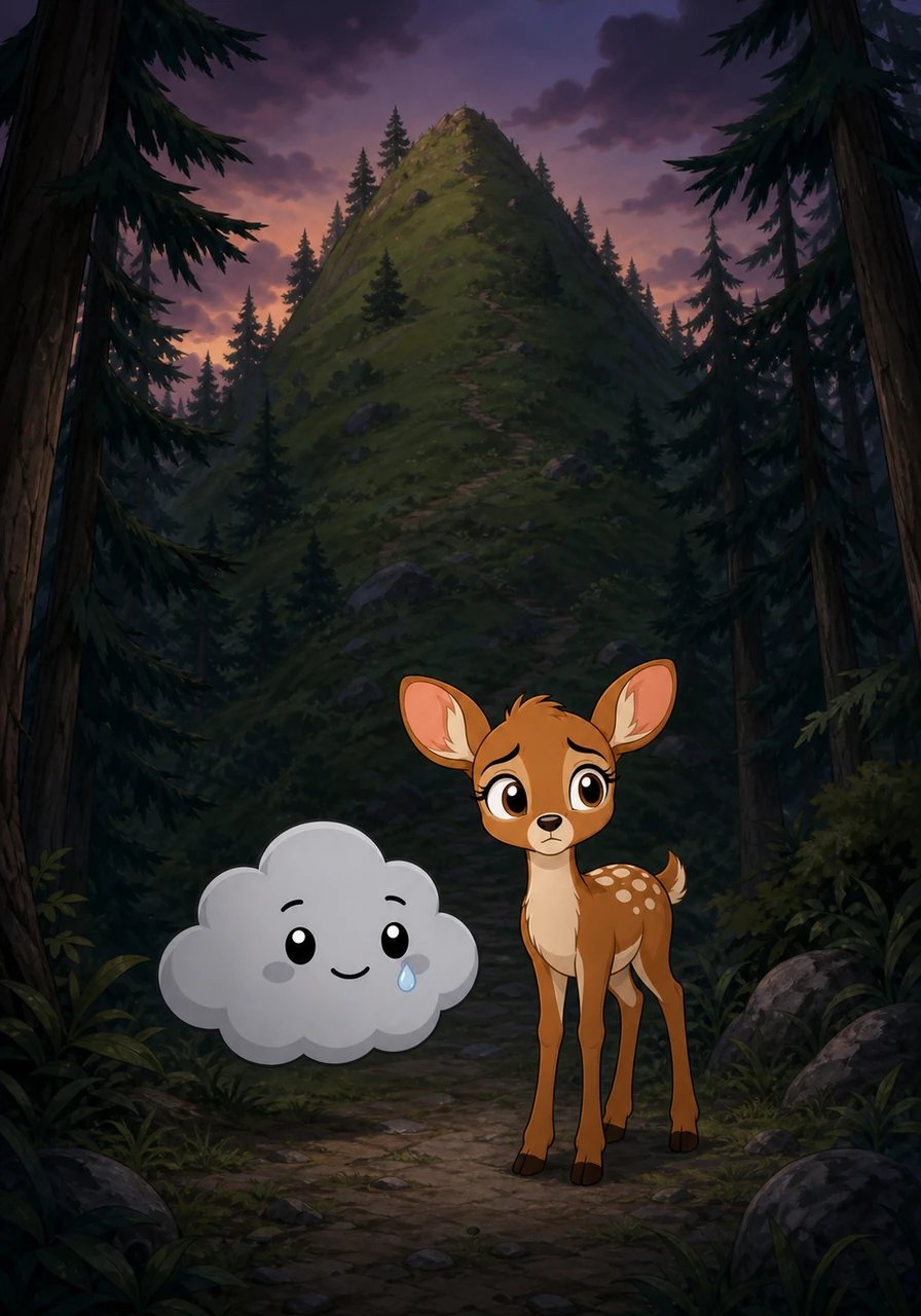 Further down the trail, Shadow met Daisy Deer, who was looking around nervously in the shadowy woods. She whispered that it was too dark for the butterflies to flutter out and play. Shadow reassured Daisy that they would fix everything, and together they searched until they reached the base of the tallest hill in the forest.