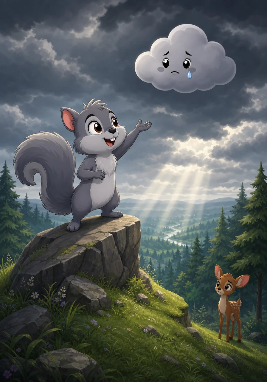 At the peak of the hill, floating all by itself, was a small gray cloud looking exceedingly sad and forlorn. Shadow climbed onto a high rock and called out a friendly hello to the little cloud. The cloud sniffled softly and admitted that it didn't mean to make the forest dark, but felt too unhappy to move.