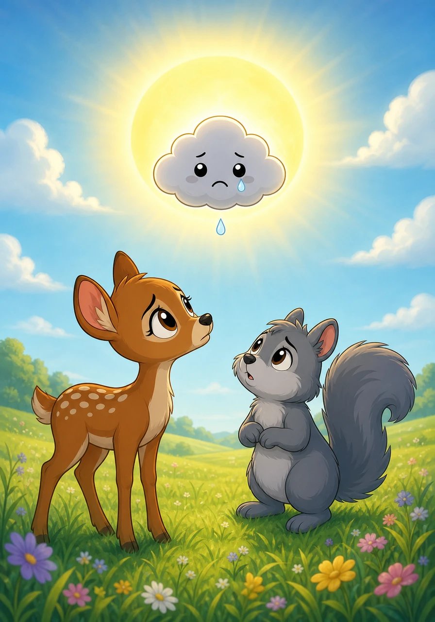 The little cloud explained through tears that yesterday the bigger clouds had laughed because it was so tiny, claiming it was useless at making rain or shade. Feeling lonely and hurt, the tiny cloud had drifted right in front of the sun and forgot to move away. A single teardrop fell from its fluffy cheek as it shared its story.