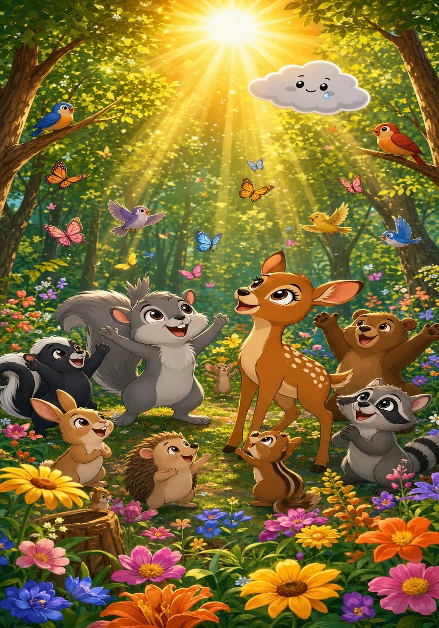 Feeling loved and valued, the little cloud slowly floated away from the sun, allowing brilliant golden sunlight to pour across the canopy. Instantly, the woodland burst into life as flowers opened, birds burst into joyful song, and butterflies danced in the warm breeze. All the forest animals cheered with delight as warmth returned to their home.