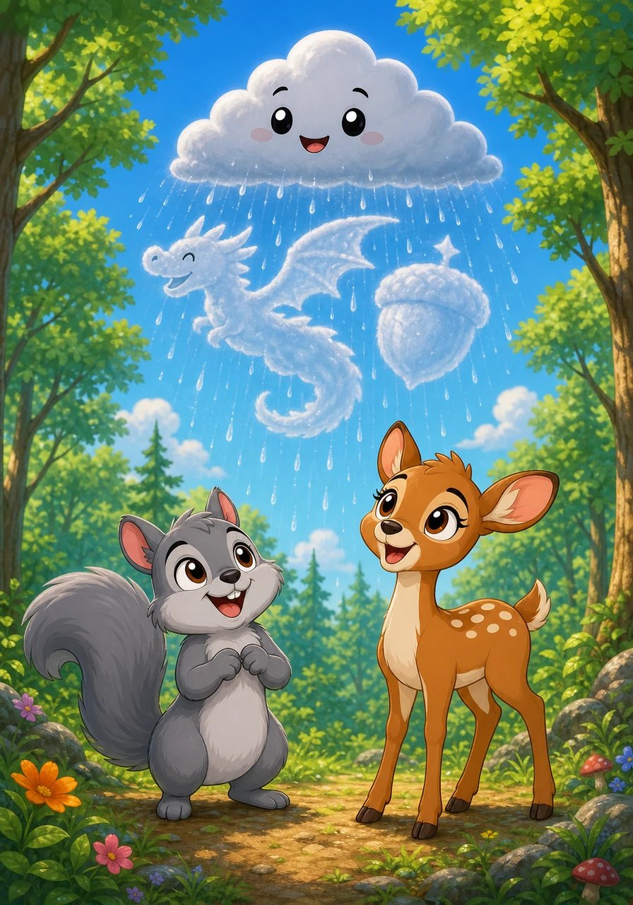 Shadow invited the little cloud to visit the forest whenever it wanted, which filled the cloud with immense joy. From that day on, the cloud floated over every few days, bringing gentle rain and making silly shapes like dragons, turtles, and giant acorns. Shadow reminded his friends that everyone has something special to share, even if it takes a friend to help them see it.