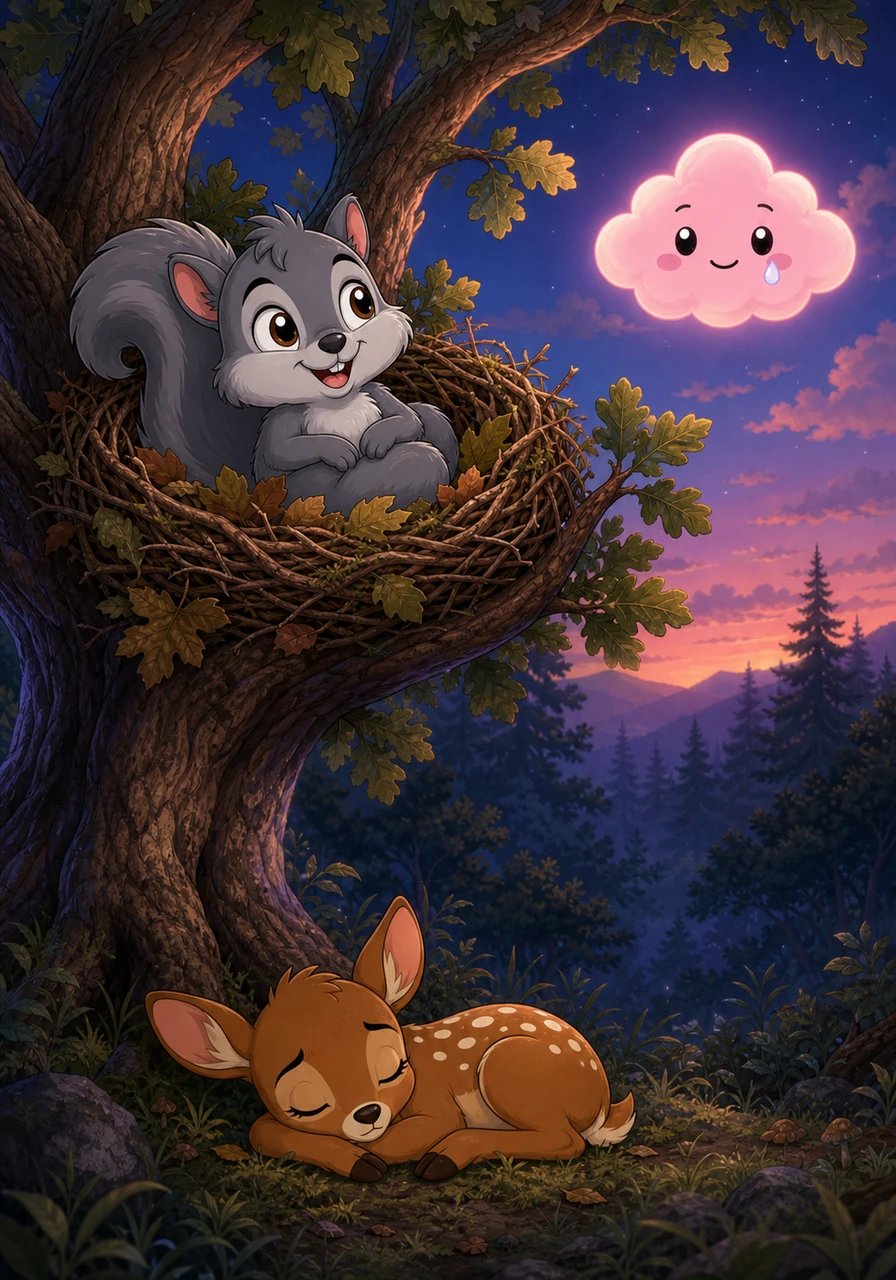 As evening fell, Shadow curled up comfortably in his cozy nest high inside the great oak tree. He gazed out at his new friend glowing with a soft pink hue in the twilight sky and whispered a gentle goodnight. The entire forest drifted off to sleep in peace, knowing that every friend, no matter how small, makes the world a brighter place.