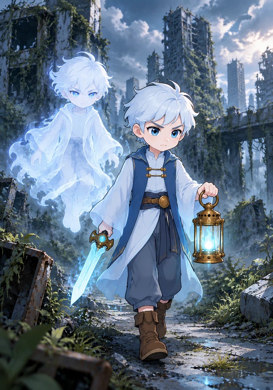 Leo walks alone through the quiet, overgrown ruins of a forgotten metropolis, fully aware that he is the last living soul on Earth. A pale, ethereal ghost drifts silently behind him, haunting his every footstep like an inescapable shadow.