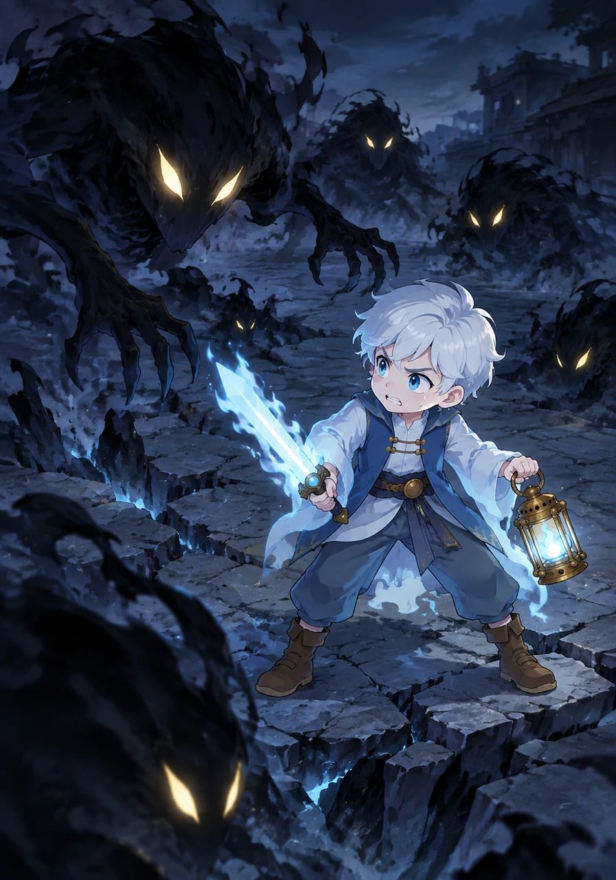 Darkness fully descends, and terrifying shapeless monsters begin to emerge from the deep fissures in the pavement. Their glowing yellow eyes cut through the gloom as they stalk toward the last remaining boy.