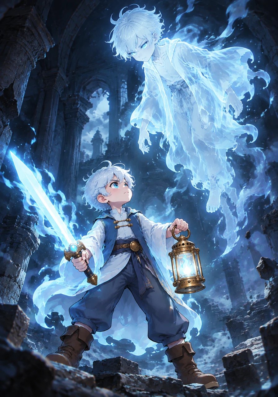 Leo takes his position inside a ruined stone hall, tightly gripping his glowing light blade and an ancient brass lantern. The spectral ghost hovers above him, cold air echoing with its unearthly whispers.