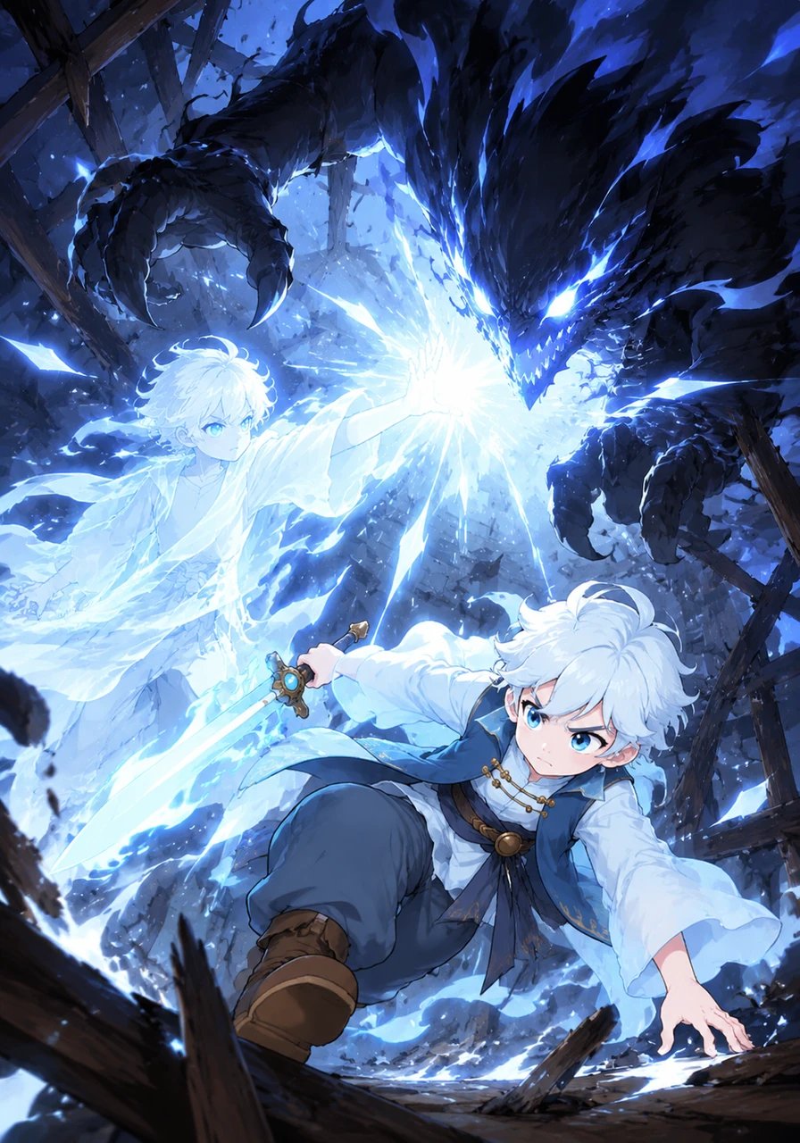 A towering shadow creature swoops down from the broken rafters, threatening to overpower the young survivor. The ghost flashes with sudden spectral energy, blinding the beast for a crucial second and allowing Leo to dodge.