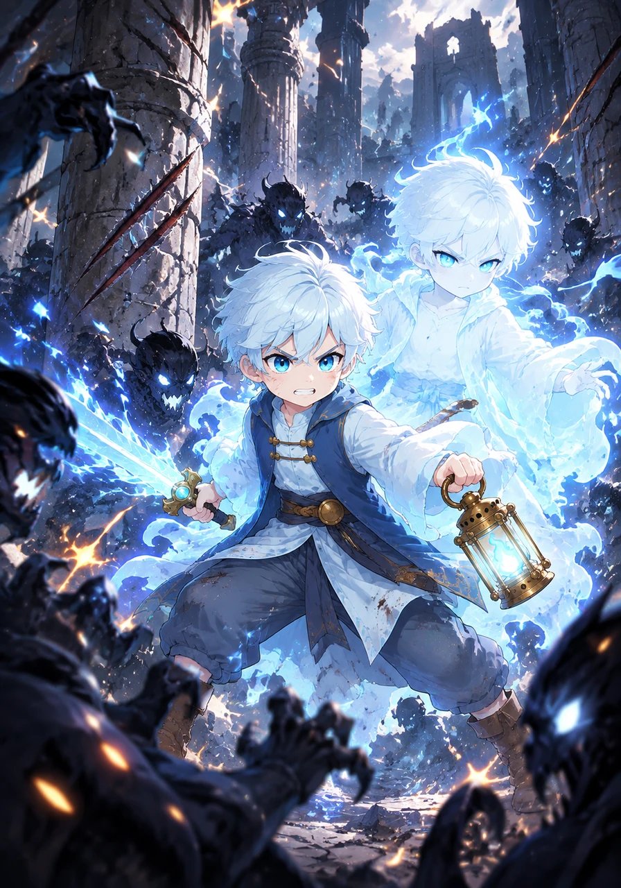 Battle rages through the ruined sanctuary as claw marks slice into stone and glowing sparks light up the darkness. Leo fights fiercely with every ounce of strength, standing resolute against the relentless horde.