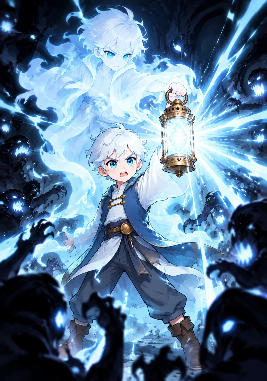Surrounded on all sides, Leo holds his radiant lantern high and channels the ghost's haunting energy directly into the core crystal. A blinding wave of brilliant luminescence explodes outward into the darkness.