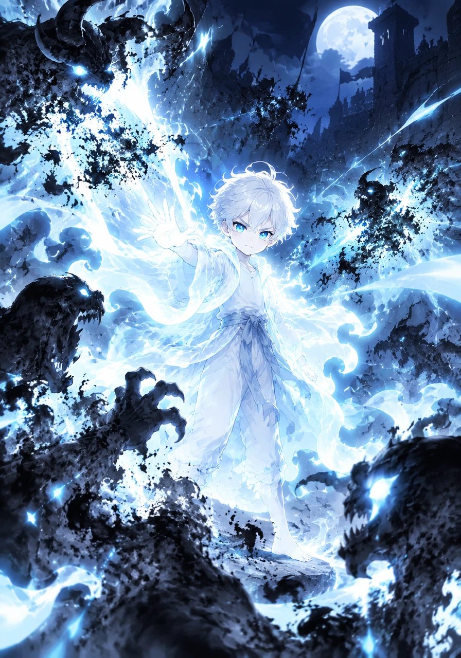 The monstrous creatures screech as the intense light pierces their dark forms, dissolving them into harmless swirling black ash. The terrifying night siege slowly fades into absolute silence.