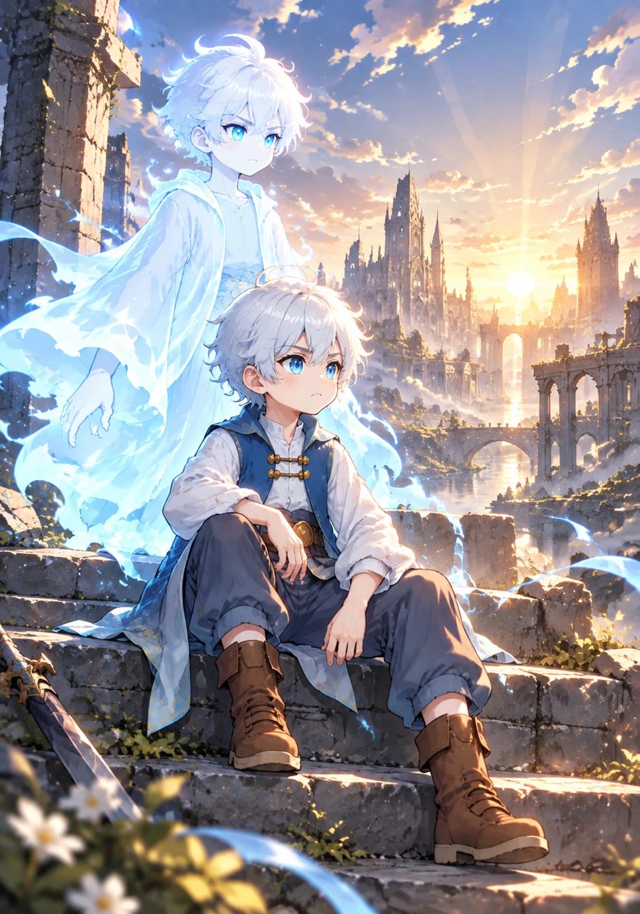 Golden rays of dawn begin to sweep across the quiet, ruined city skyline, bringing another victorious morning. Leo sits resting on the stone steps, his floating ghost companion standing guard as they prepare for the night to come.