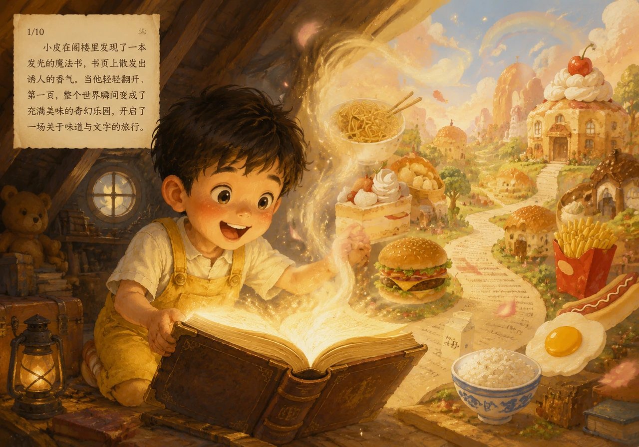 小皮在阁楼里发现了一本发光的魔法书,书页上散发出诱人的香气。当他轻轻翻开第一页,整个世界瞬间变成了充满美味的奇幻乐园,开启了一场关于味道与文字的旅行。