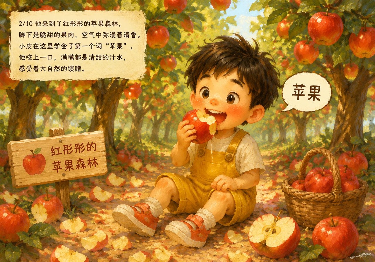 他来到了红彤彤的苹果森林,脚下是脆甜的果肉,空气中弥漫着清香。小皮在这里学会了第一个词“苹果”,他咬上一口,满嘴都是清甜的汁水,感受着大自然的馈赠。