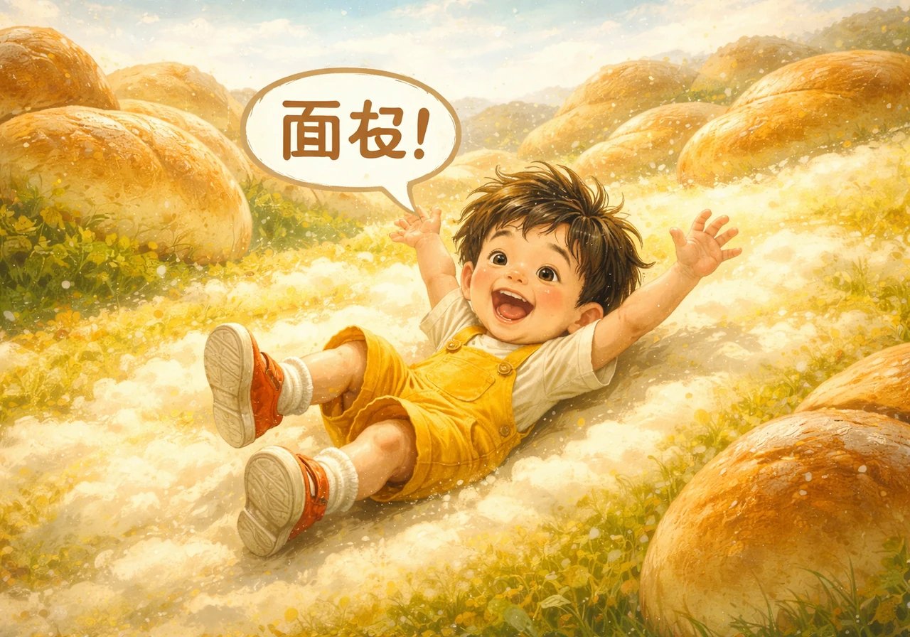 远处是连绵起伏的面包山脉,空气中弥漫着刚出炉的麦香。他在松软如云朵的山坡上尽情翻滚,大声念出“面包”这个词,感受着那份扎实而温暖的依靠。