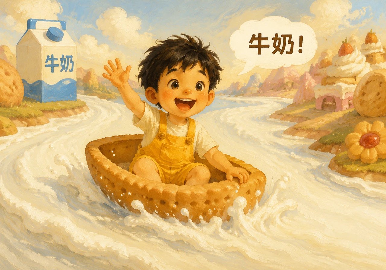 一条洁白的牛奶河在眼前静静流淌,小皮坐上饼干小船顺流而下。他一边挥手一边喊着“牛奶”,洁白的浪花拍打着船舷,带他漂向更远的远方。