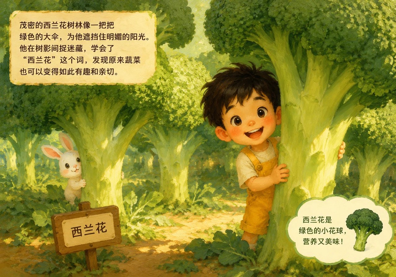 茂密的西兰花树林像一把把绿色的大伞,为他遮挡住明媚的阳光。他在树影间捉迷藏,学会了“西兰花”这个词,发现原来蔬菜也可以变得如此有趣和亲切。