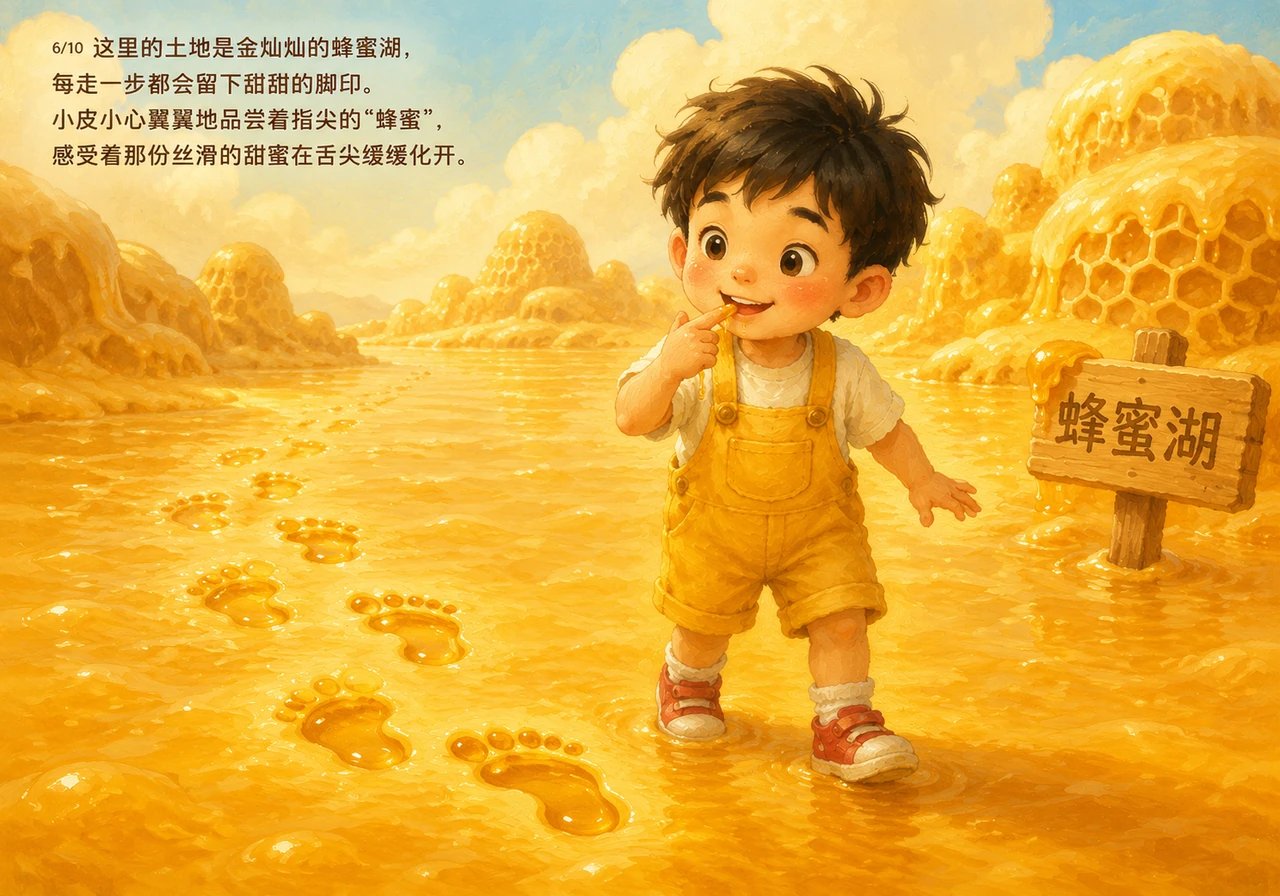 这里的土地是金灿灿的蜂蜜湖,每走一步都会留下甜甜的脚印。小皮小心翼翼地品尝着指尖的“蜂蜜”,感受着那份丝滑的甜蜜在舌尖缓缓化开。