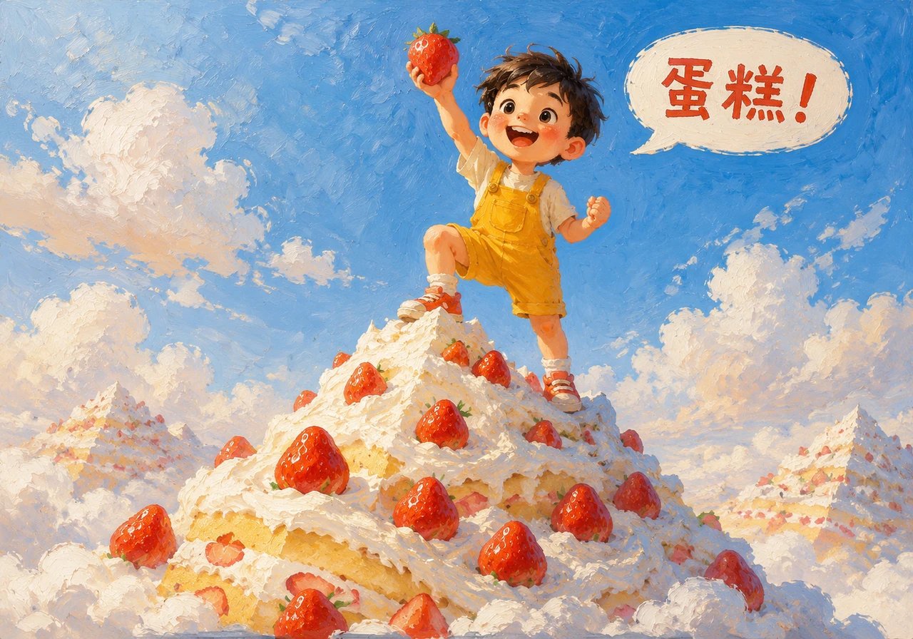 巨大的草莓蛋糕山矗立在云端,奶油像雪花一样洁白。他勇敢地攀登到山顶,把红亮的草莓当成胜利的宝藏,对着天空欢快地喊出“蛋糕”。