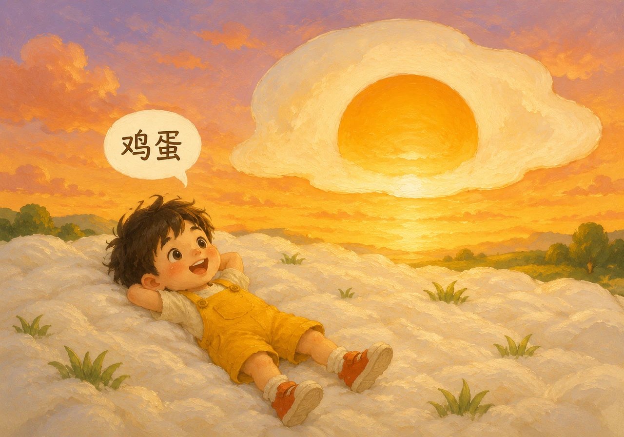 太阳落山时,天边出现了一个巨大的煎蛋,蛋黄像夕阳一样温暖。小皮躺在蛋白铺成的柔软草坪上,对着天空轻轻说出“鸡蛋”,在宁静中感受生命的奇妙。