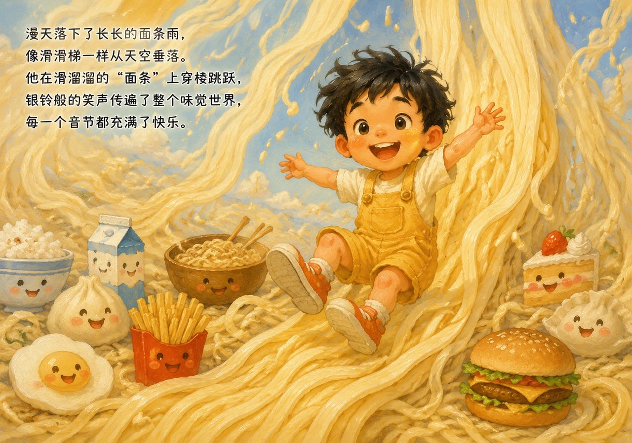 漫天落下了长长的面条雨,像滑滑梯一样从天空垂落。他在滑溜溜的“面条”上穿梭跳跃,银铃般的笑声传遍了整个味觉世界,每一个音节都充满了快乐。