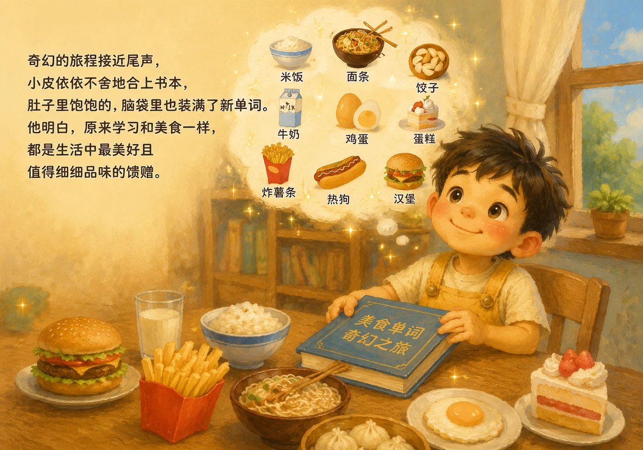 奇幻的旅程接近尾声,小皮依依不舍地合上书本,肚子里饱饱的,脑袋里也装满了新单词。他明白,原来学习和美食一样,都是生活中最美好且值得细细品味的馈赠。
